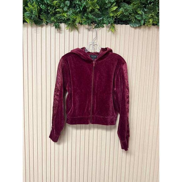 JOE'S Jeans Burgundy Velour Full Zipped Cropped Hooded Jacket Sz S New with Tags - Picture 2 of 11